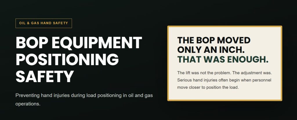Worker maintaining safe distance while positioning BOP equipment during an oil and gas lift.